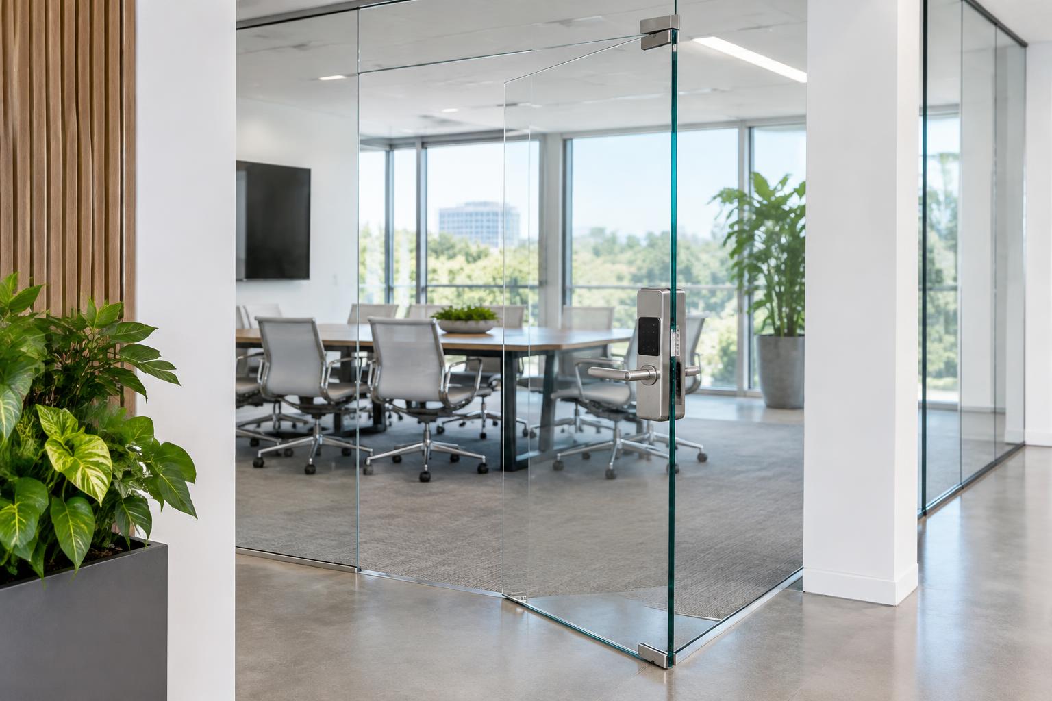 Illustrative installed smart lock on frameless glass doors
