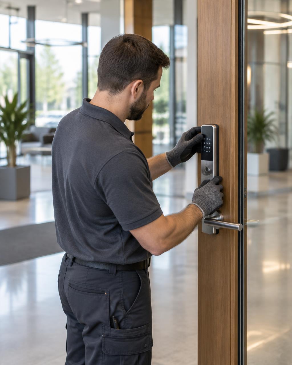 Certified technician fitting a brushed-steel smart keypad lock on a commercial door