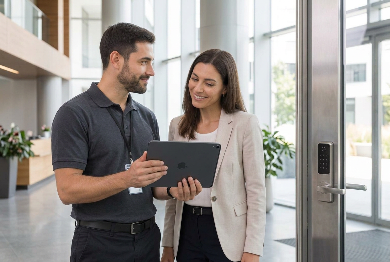 Technician showing a property manager the smart lock access setup on an iPad