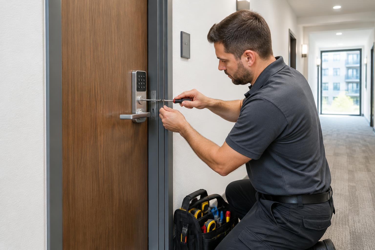 Technician installing a stainless-steel smart lock on an apartment entry door