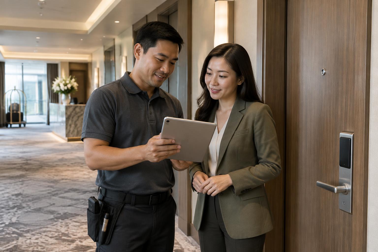 Illustration of a technician holding an iPad while training a hotel manager beside an installed smart lock